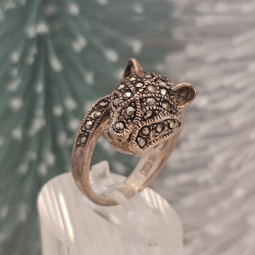 Jaguar Marcasite Sterling Silver Bypass Cat Ring Size 5.5 US Signed
